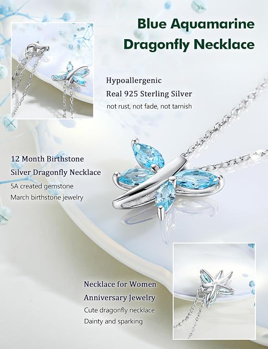 925 Sterling Silver Birthstone Necklaces for Women, Dainty Cute Dragonfly/Butterfly Pendant Necklace, Great Christmas/Anniversary Jewelry for Mother