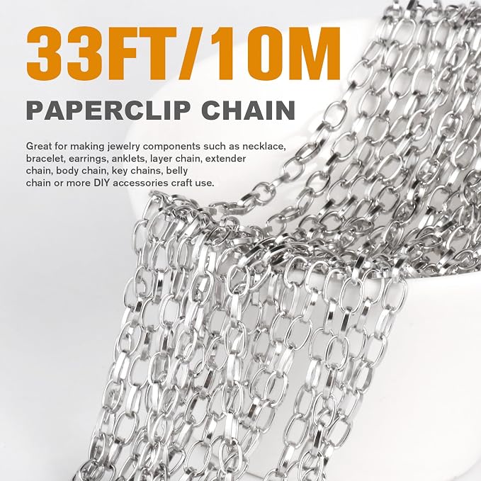 33FT Paperclip Link Chain Roll 3MM Stainless Steel Paperclip Chain Spool Bulk for Jewelry Making