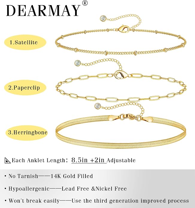 DEARMAY Gold Anklets for Women Waterproof, Non Tarnish14K Gold Plated Ankle Bracelets Set Stack, Summer Beach Jewelry Gifts for Vacation, Bikini Outfits for Women Mom Her
