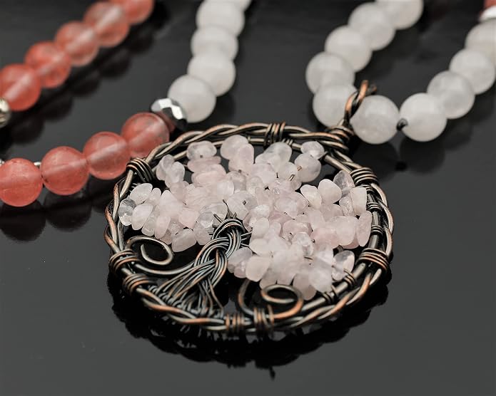 ElisaJewelryArt - Natural Amethyst Big Tree Of Life Pendant Selenite And Amethyst Stone Beaded Necklace Genuine Gemstone Healing Stone Clasp Closure Necklace Unisex Necklace
