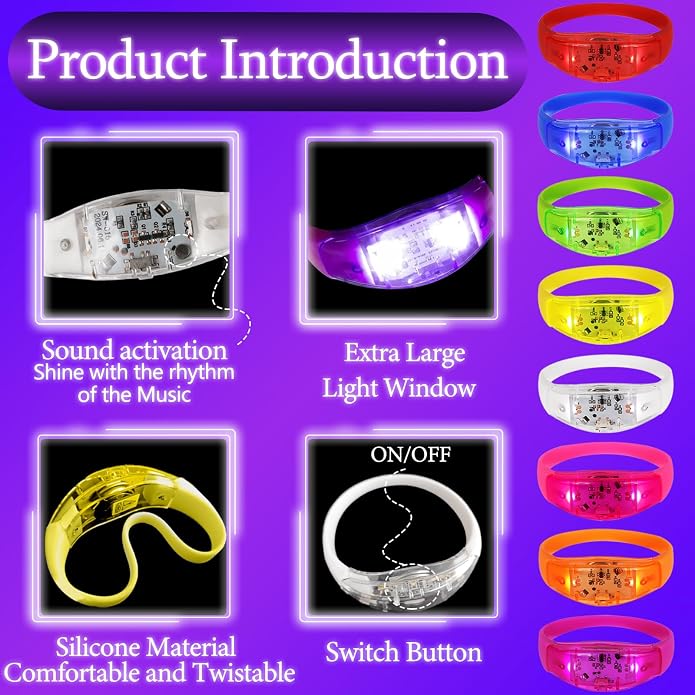 150 Pcs LED Glow Bracelets Sound Activated Light Up Bracelets for Adults Glow in the Dark Party Supplies Birthday Party Favors for Christmas, Halloween, Rave, New Year, Concert