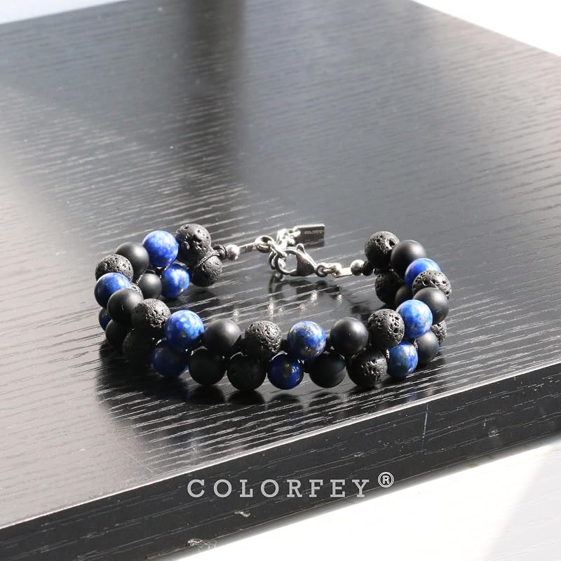 Mens Beaded Bracelets Handmade Gifts for Men, Genuine Triple Protection Men Stone Bracelet Lapis Lazuli Lava Onyx Beads Bracelet, Handcrafted 2Row Mens Masculine Beads Bracelest Father Gifts