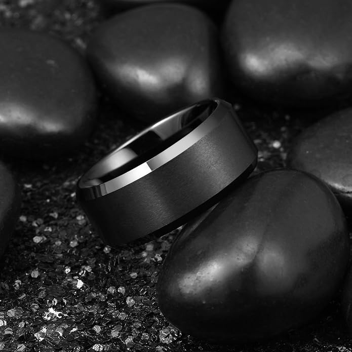 King Will Tungsten Men's Wedding Ring - Available in 6mm to 10mm, Black/Silver, Matte Finish, Beveled Polished Edge, Comfort Fit