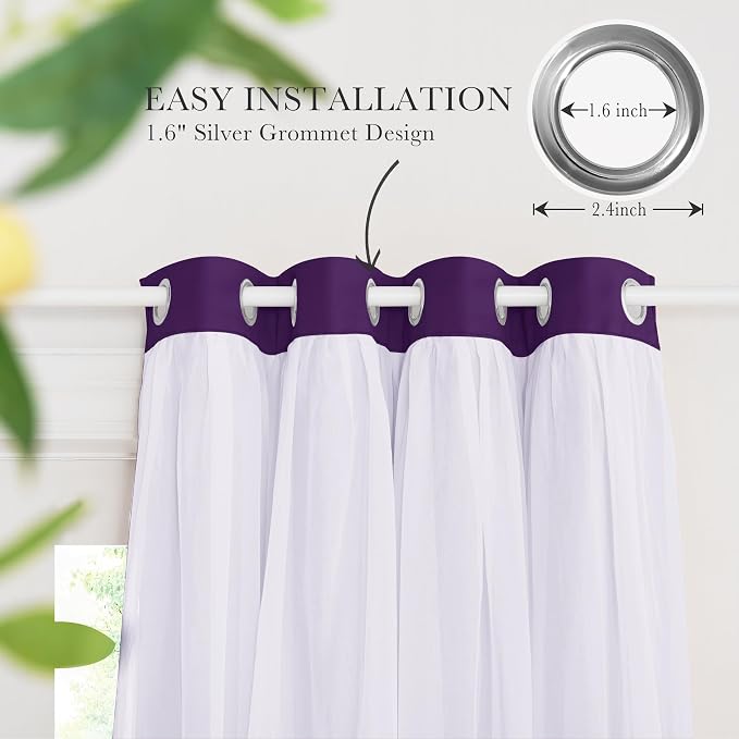 PONY DANCE Bedroom Curtains Purple - Mix & Match Room Darkening Curtains with White Crushed Sheer Voile, 52" Wide and 63" Long, Royal Purple, 2 Panels