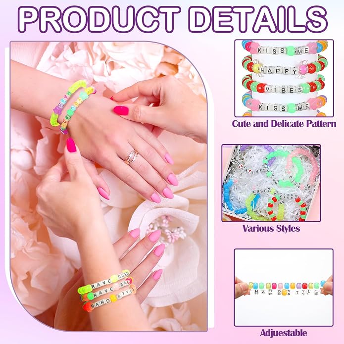 Equsion 48 Pcs Music Party Supply Rave Kandi Bracelets Glow in the Dark Wear and Trade Handmade Party Rave Bracelets Alphabet Plus Music Festival Accessories Every Time for Women Men