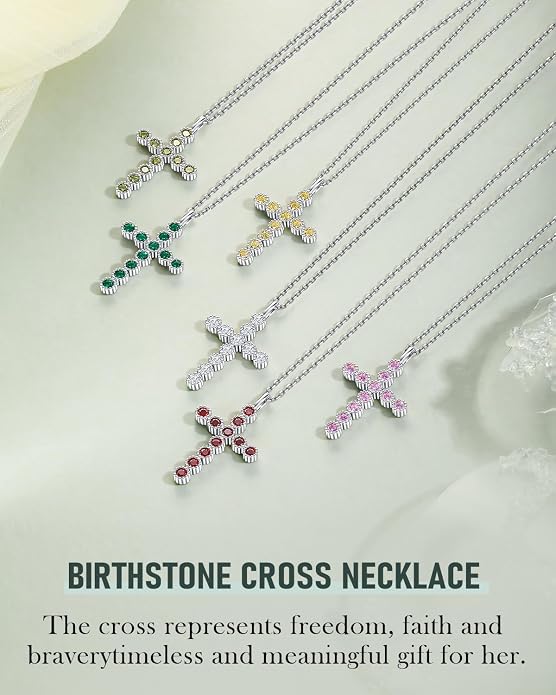 925 Sterling Silver 18 inch Birthstone Cross Pendant Necklace for Women Men