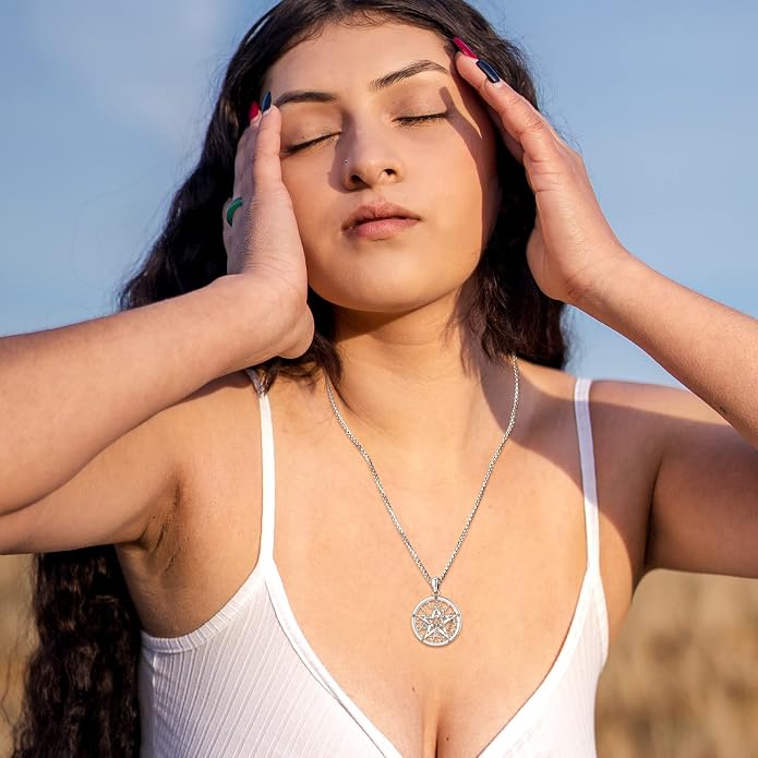 Pentagram Necklace Sterling Silver Triple Moon Goddess/Celtic Knot Witches Knot/Ankh/Sun and Moon/Hecate/Lilith/Santa Muerte/Tetragrammaton Pendant Necklace Pagan Wiccan Magic Egyptian Amulet Jewelry for Women Men