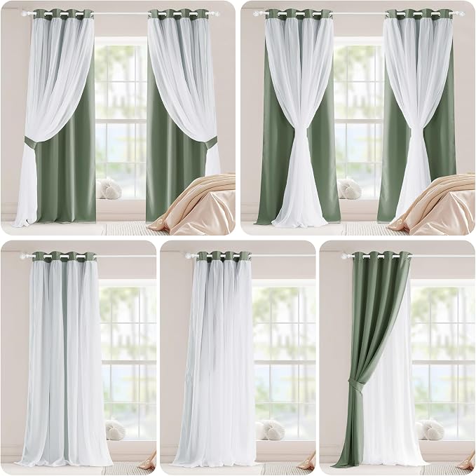 PONY DANCE Room Darkening Curtains with Sheer Overlay, Double Layer Drapes for Living Room, Grommet Thermal Insulated Curtains for Bedroom, 2 Panels Each 52 x 84 Inch, Sage Green