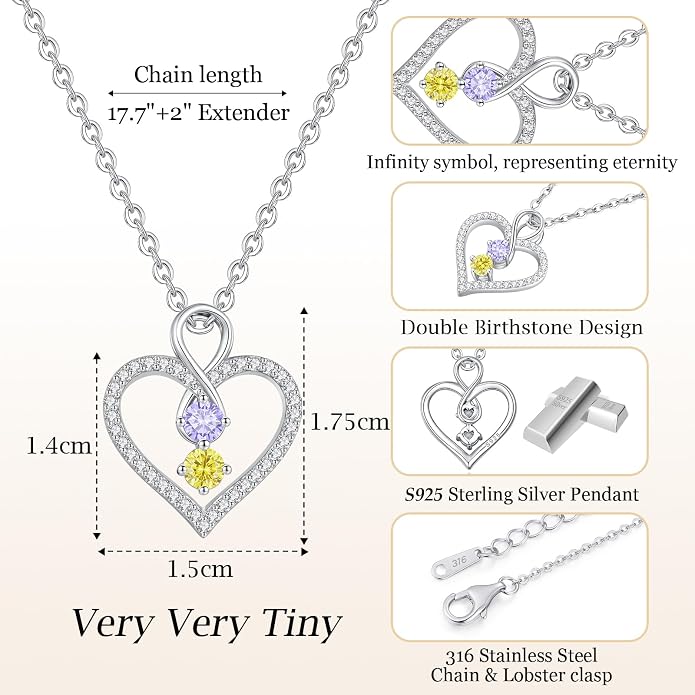LOUISA SECRET Double Birthstone Necklaces for Women, 925 Sterling Silver Infinity Love Heart Pendant Necklace for Her, Birthday Anniversary Valentine's Day, Christmas, Wedding, Graduation Gift for Her, Personalized Gifts, Jewelry Gifts for Wife Mom Gir...