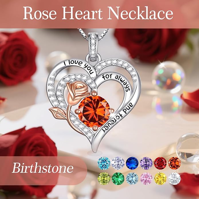 Birthstone Heart Necklaces for Women 925 Sterling Silver Fine Jewelry Rose Pendant Necklace Anniversary Birthday Mothers Day Gifts Her Wife Women Mom Daughter