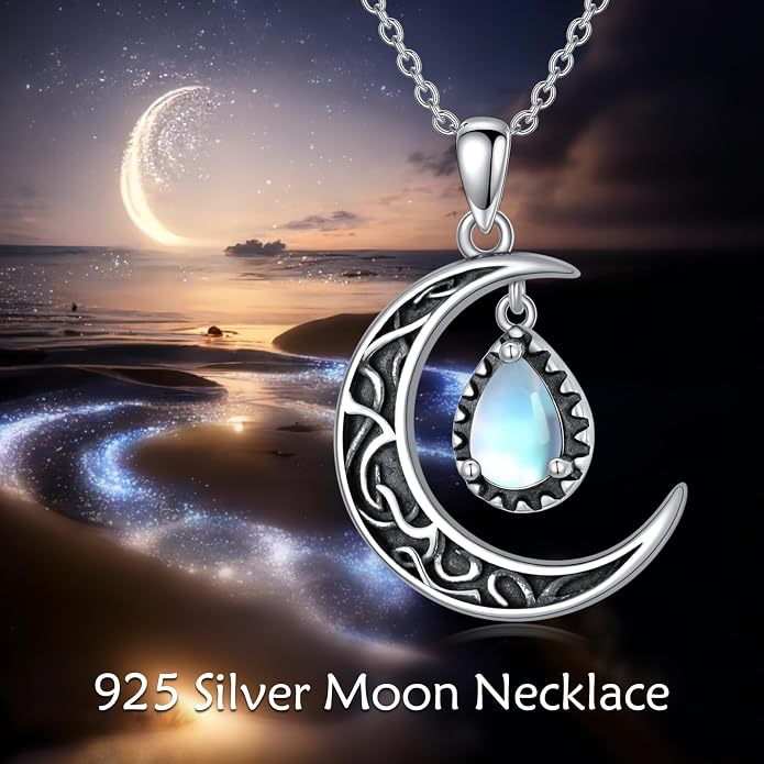 VONALA Crescent Moon Necklace Sterling Silver Emerald/Red/Purple/Black/Rainbow Topaz/Green/Aquamarine/Blue/Moss Agate Celtic Moon Teardrop Necklace Celtic Jewelry Gifts for Women Birthday