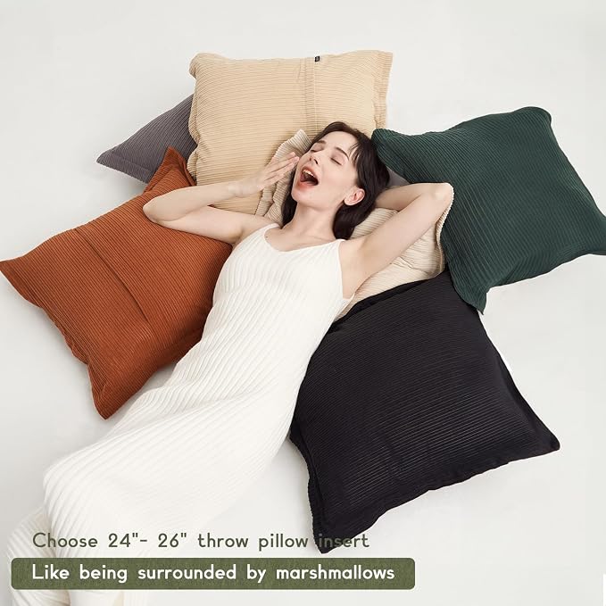COCO TOP Classic Vintage Decorative Corduroy Large Throw Pillow Covers 24x24inch, Set of 3 Striped Big Pillow Cases for Sofa Couch Bedroom Living Room,Soft Cushions（Dark Brown, Black & White）