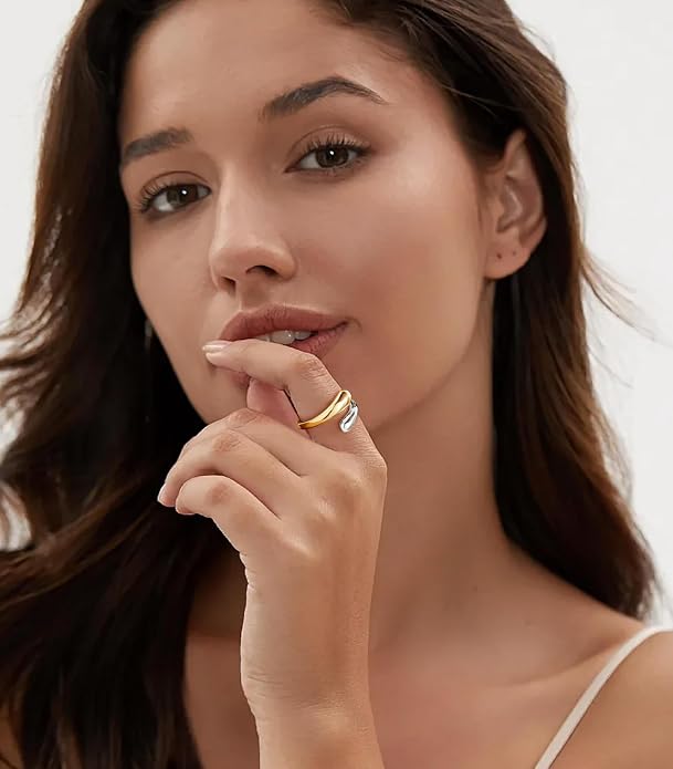 Non Tarnish Gold Chunky Rings for Women, 14K Gold Plated Statement Dome Rings Stacking Silver, Adjustable Mens Eternity Wedding Band Mixed Metal Jewelry Size 3-13