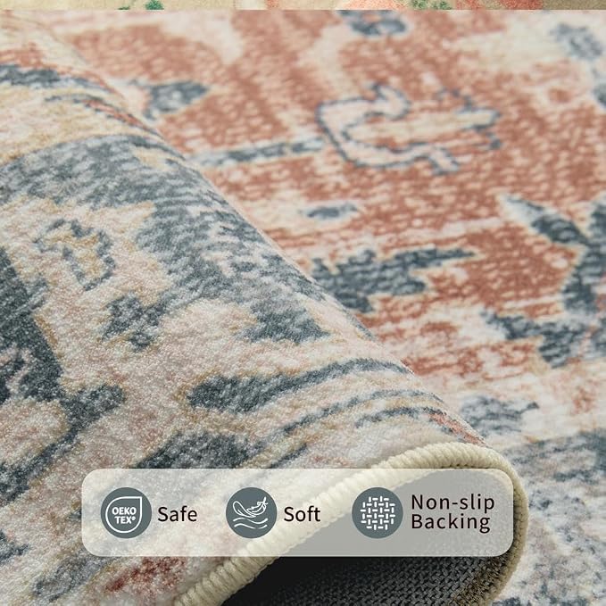 Rugxara 4x6 Area Rug for Living Room Bedroom Washable Rug, Coral Blue | Non Slip, Throw Rug for Entryway Dining Room Office Kids Room, Stain Resistant, Soft, Low Pile, Vintage Boho Retro Carpet