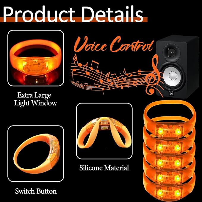 24 Pcs LED Glow Bracelets Sound Activated Led Flashing Bracelet Music Control Light Up Bracelets,Glow in The Dark Party Supplies For Birthday Carnival Concerts Night Events Christmas Gift (orange)