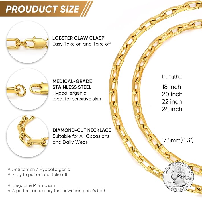 VNOX Paperclip Necklace for Men Women, 4.5/6.5/7mm Solid Diamond-Cut Chunky Stainless Steel Anchor Link Chain Mens Necklaces Jewelry Gifts, 18/20/22/24 Inchs