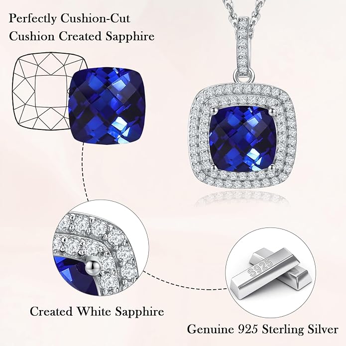 Birthstone Necklace for Women 925 Sterling Silver Cushion/Pear Cut Created Gemstone Halo Pendant Necklace Birthstone Jewelry