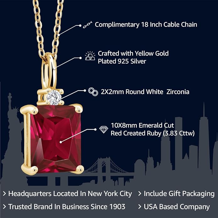 Gem Stone King 925 Sterling Silver Gemstone Birthstone Pendant Necklace for Women | Emerald Cut 10X8MM and Round 2MM | With 18 Inch Chain | Fine Jewelry for Her Mom Wife