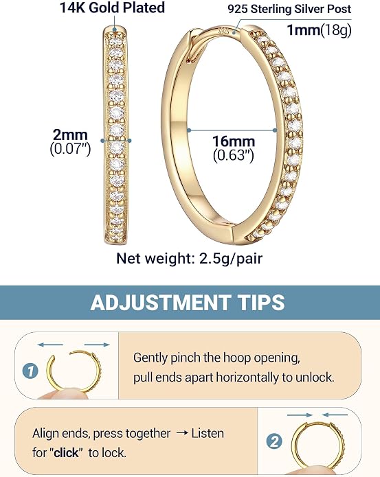 PROSTEEL Hoop Earrings for Women, Huggie Hoop with 925 Sterling Silver Post, 8/10/12/14/16/18/20mm Small Huggie Hoops, 14K Gold Plated/Silver/Black/Rose Gold Hypoallergenic Earrings Jewelry