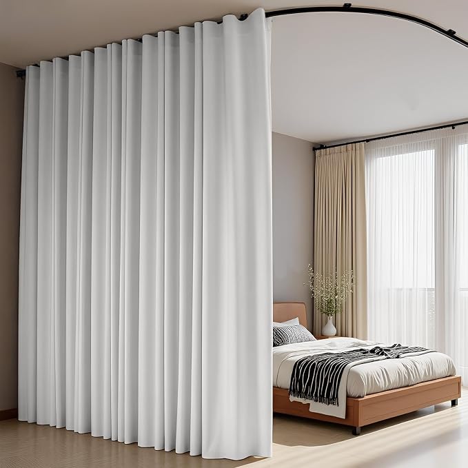 Room Divider Curtains Flexible Ceiling Tracks set Curtain track Ceiling Mount Blackout Curtain for Living Room Bedroom Ceiling Curtain Rod Privacy Divider Panel W150xH108 GreyishWhite Drape&Black rail