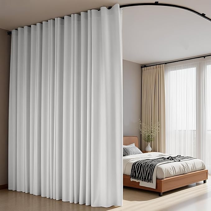 Room Divider Curtains Flexible Ceiling Tracks set Curtain track Ceiling Mount Blackout Curtain for Living Room Bedroom Ceiling Curtain Rod Privacy Divider Panel W120xH84 GreyishWhite Drape&Black rail