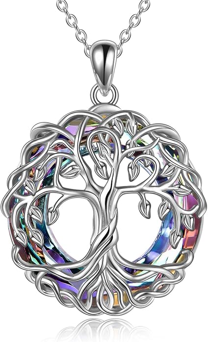 POPLYKE Tree of Life Necklace for Women Sterling Silver Celtic Knot Family Tree With Blue/Purple/Volcano Crystal Irish Gifts for Mom Wife Birthday Christmas