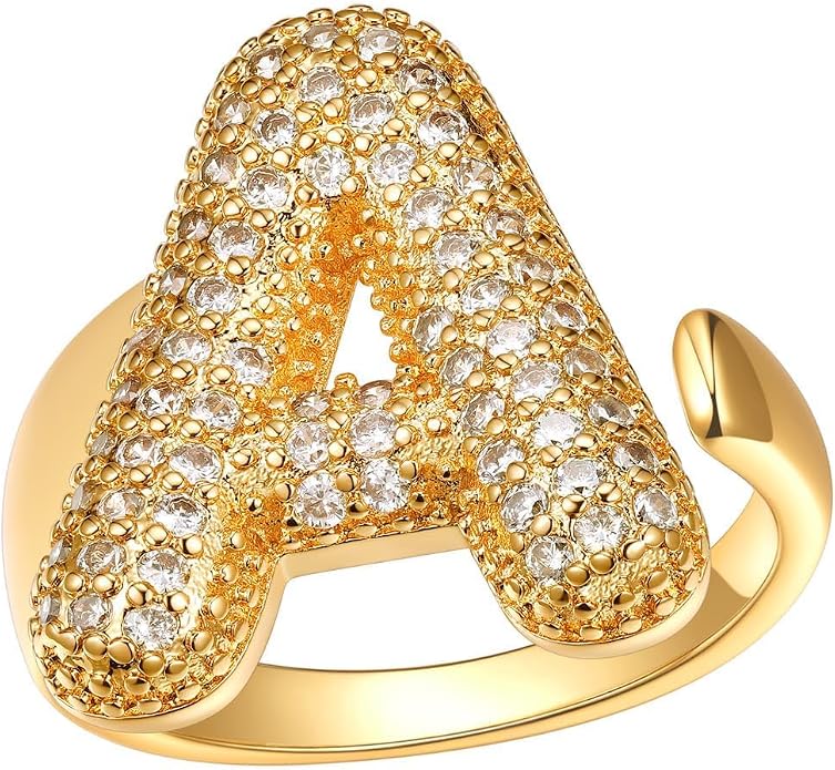 FindChic Initial Ring for Women, Gold Plated Chunky Letter Rings Open Adjustable Trendy Sparkling Cubic Zirconia Personalized Statement Rings Jewelry Gift