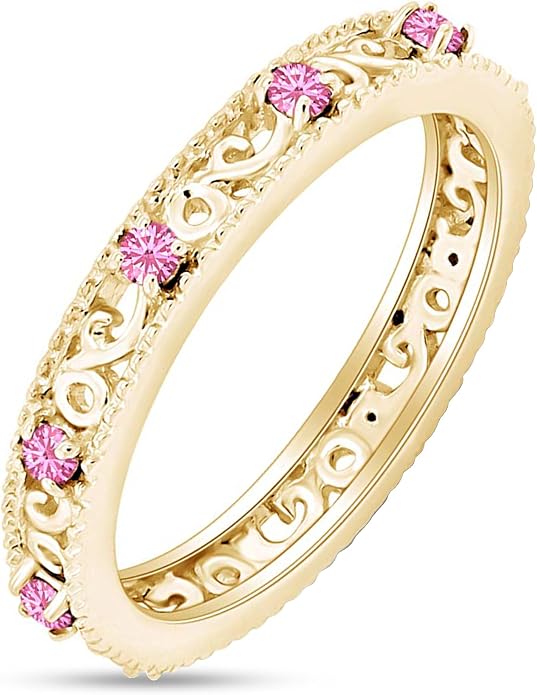 Jewel Zone US Filigree Eternity Wedding Band Ring for Women, Round Cut Simulated Gemstone Stackable Promise Ring in 14K Gold Plated 925 Sterling Silver Band Width 3.5mm – Elegant Jewelry for Her