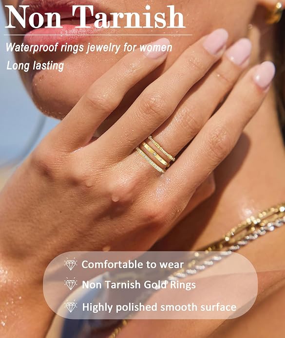 KAERUN Stackable Gold Rings for Women Non Tarnish Dainty 14K Gold Plated Stacking Rings Cubic Zirconia Thumb Ring Set Trendy Statement Wedding Bands Promise Engagement Rings for Women Size 6-10