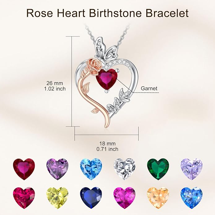 TOUPOP Rose Heart Birthstone Necklace 925 Sterling Silver Heart Butterfly Pendant Love Jewelry Birthday Gifts for Women Wife Mom Her