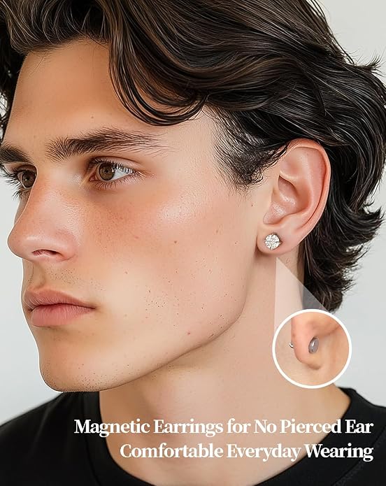 Moissanite Earrings Magnetic Earrings for Men Stainless Steel 14K Gold Plated Non Piercing Ear Clip On Stud Hypoallergenic VVS1 Fake Mens Earring 1.6Carats