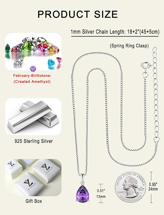 YL Teardrop Necklace 925 Sterling Silver Solitaire Pendant 9x12 MM Pear Cut Multicolored Birthstone Jewelry for Women
