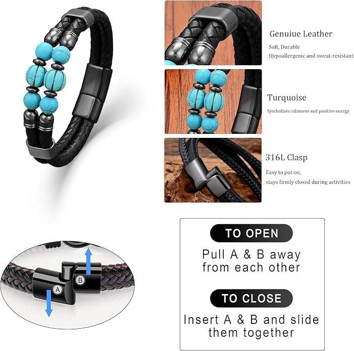Mens Turquoise/Lapis Lazuli/Tiger Eye/Black Agate/Obsidian Leather Braided Bracelets for Father's Day/Birthdays/Graduation Jewelry Wristband Cuff Bracelet with Stainless Steel Clasp