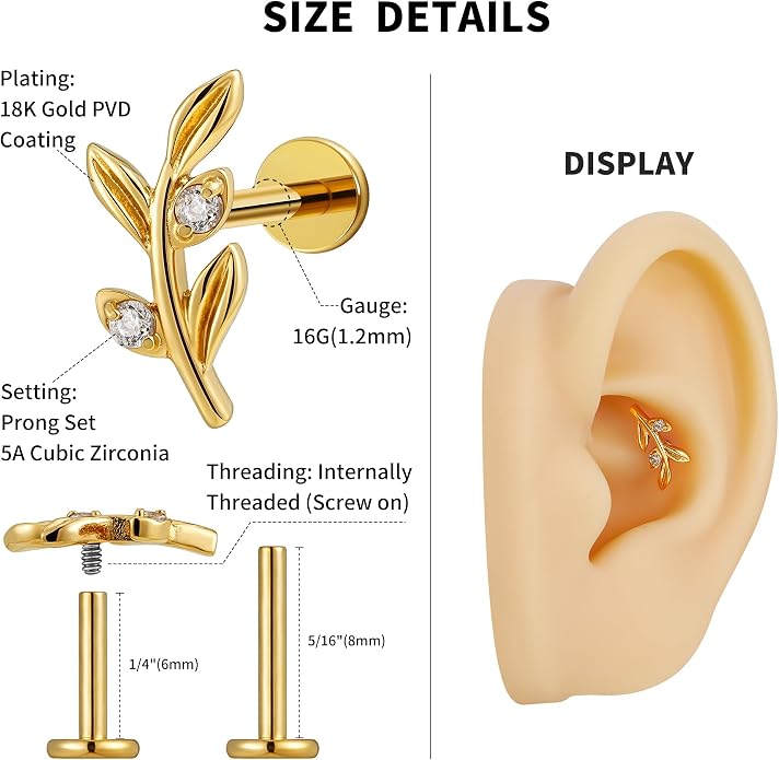 FINE4U 1PC Leaf Flat Back Stud Flat, Helix, Conch, Tragus 6mm 8mm - ASTM F136 Titanium Screw on Body Piercing Jewelry