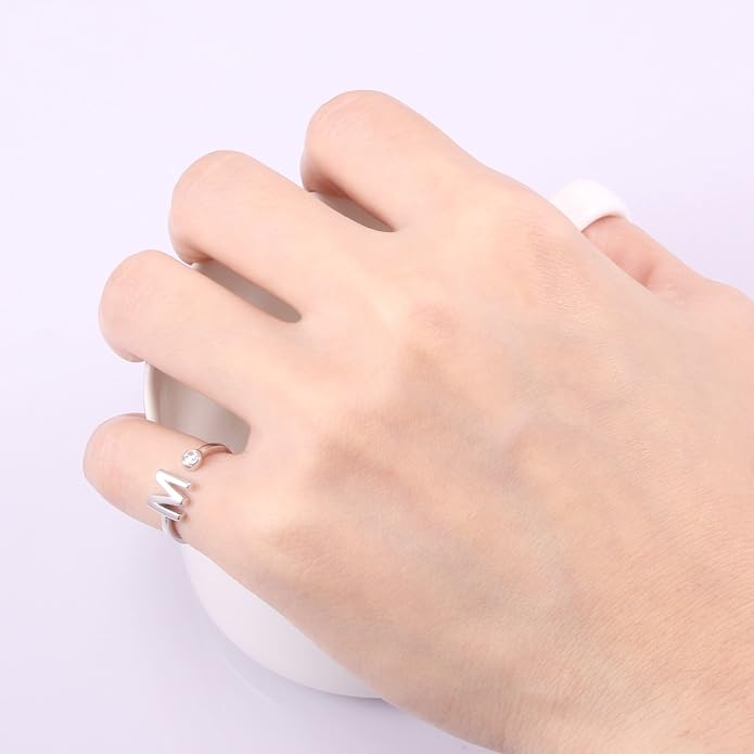 VIKI LYNN 925 Sterling Silver Rings Size 4.5 Adjustable Initial Letter Ring with Cubic Zirconia-Personalized Gifts for Women