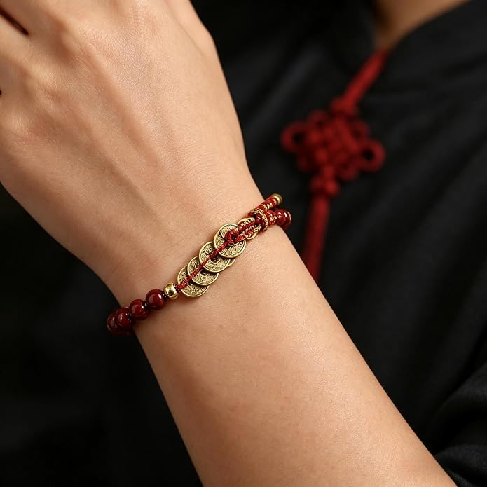 Feng Shui Bracelet for Wealth and Success – Genuine Cinnabar Beads with Five Emperor Coins Amulet – Spiritual Protection & Good Luck Jewelry – Adjustable Health & Prosperity Charm for Men and Women