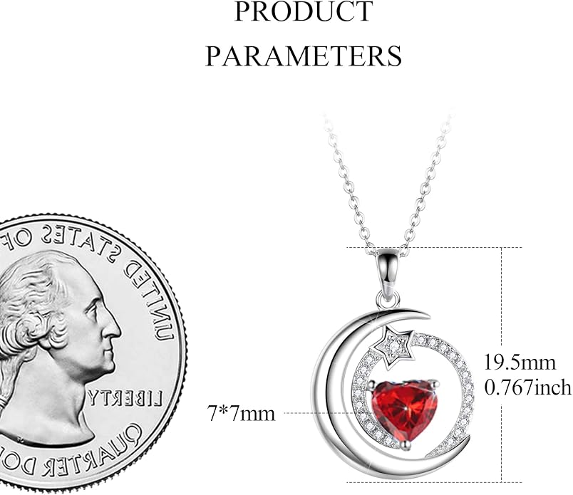 S925 Sterling Silver Birthstone Pendant Necklace Moon Star Necklace Jewelry Gift for Women Anniversary Valentine's day