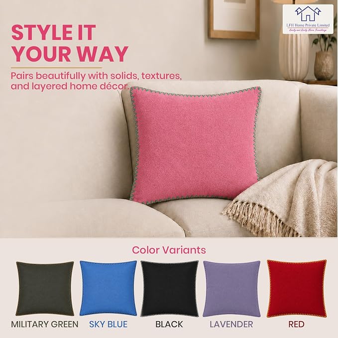 LFH Home Baby Pink Cotton Rich Throw Pillow Covers 18x18 Set of 4, Decorative Cushion Covers with Blanket Stitch Edge, Farmhouse Accent Pillow Cases for Sofa Couch Bed Living Room, 18 x 18 Inch