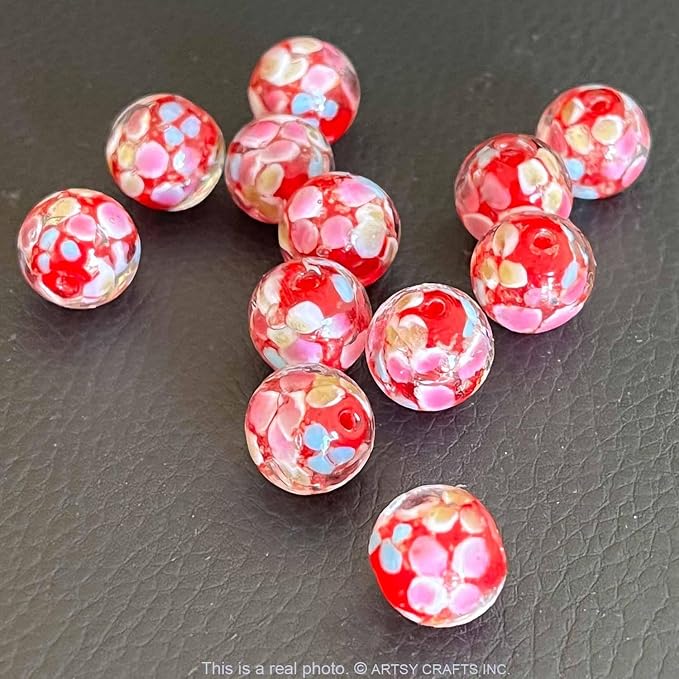 Artsy Crafts 12 Pcs Lily Flower Glow in The Dark Firefly Beads, 12mm European Lampwork Luminous Glass Beads for Jewelry Making Charm Bracelet Necklace Earrings Crafts (Lily - Red)