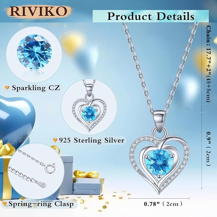 RIVIKO Heart Birthstone Pendant Necklace for Women 925 Sterling Silver Zirconia Necklaces Valentine's Day Anniversary Birthday Mothers Day Jewelry Gifts For Her Mother Wife