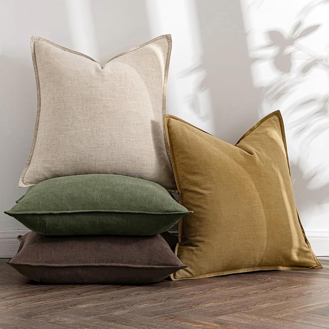 MIULEE Neutral Green/Brown Boho Linen Pillow Covers 18x18 Inch Pack of 4 | Natural Decorative Throw Pillow Covers Soft Farmhouse Couch Pillowcases Decors for Living Room Bed Sofa