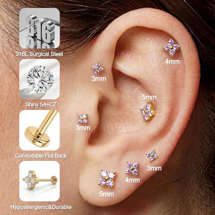FANSING Short Threadless Cartilage Earring Stackable CZ Birthstone Flat Back Earrings for Women Small Stud Earrings for Tragus Helix Earlobe 18K Gold Plated ‌Rainbow 5.0mm