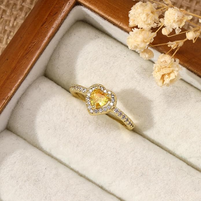 Gold Birthstone Rings for Women Non Tarnish 14k Gold Plated Dainty Heart Rings Adjustable Size Cubic Zirconia Ring Gold Simulated Gemstone Rings Birthday Gifts for Women