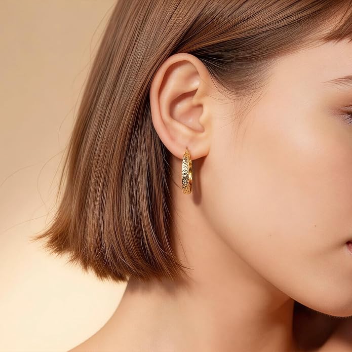 14K Yellow Gold Hoop Earrings for Women 4.4mm*25mm Trendy Diamond Cut Textured Hinged Hoops with Unique Faceted Pattern, Hypoallergenic Chunky Jewelry Gift