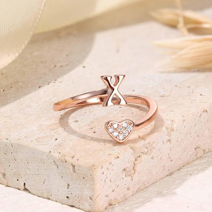 MILACOLATO 925 Sterling Silver Initial Rings for Women Teen Girl 18K Gold Plated Heart Initial Rings Adjustable Capital Letter Ring Stackable Thumb Pinky Rings for Daughter Birthday Bridesmaid Gifts Jewelry, A to Z