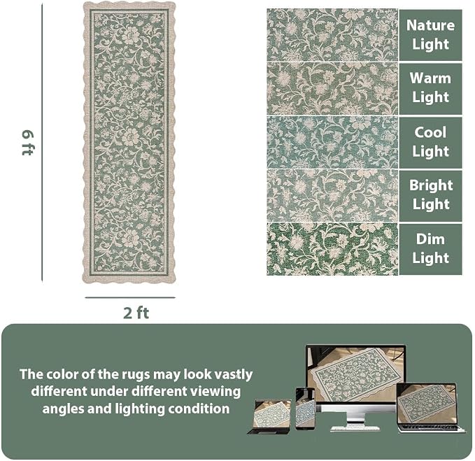 ORTIGIA Scalloped Easy Jute 2x6 Kitchen Runner Rug Vintage Green Floral Farmhouse Washable Rug Non-Slip Outdoor Carpet for Entryway Indoor Hallway Patio Laundry Room