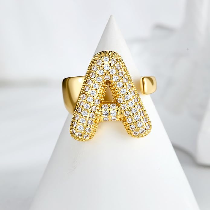 Cicy Bell Initial Rings for Women 14k Gold Plated Cubic Zirconia Delicate Letter Chunky Statement Open Rings Gifts for Her