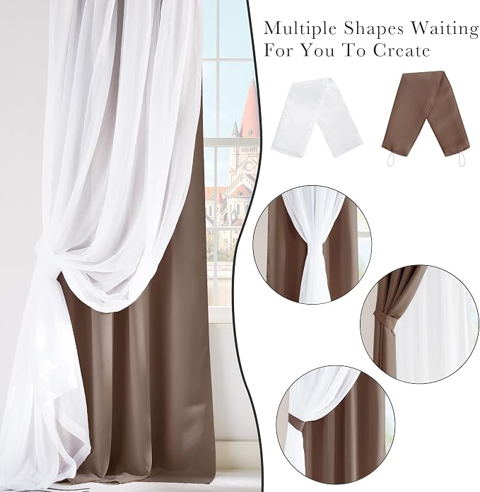 PONY DANCE Window Curtains & Drapes - Grommet Top Blackout Curtains with Crushed Sheer Tie Backs for Living Room Cortinas para Sala, 52 W x 84 L in, Mocha, 2 PCs