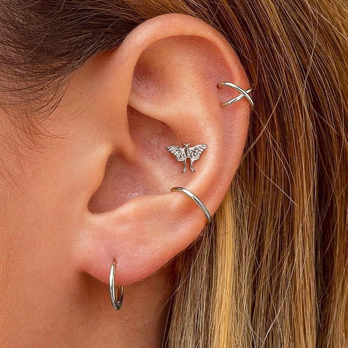 Casvort 3 PCS ASTM F136 Titanium 16G/18G Moth Bird Snail Flower Heart Spiral Threadless Flatback Piercing Stud for Nose, Labret, Tragus, Helix, Conch with 6mm 7mm and 8mm Post- Cartilage Earring Body Piercing Jewelry