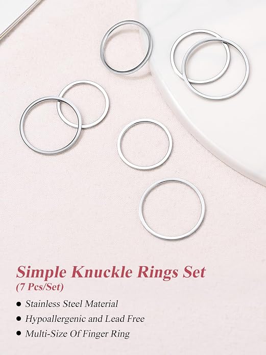 FOCALOOK 28 PCS Knuckle Ring Set 1MM Stainless Steel Women's Thin Plain Band Stacking Midi Finger Rings Set Comfort Fit Silver/Black/Gold/Rose Tone Size 4-10